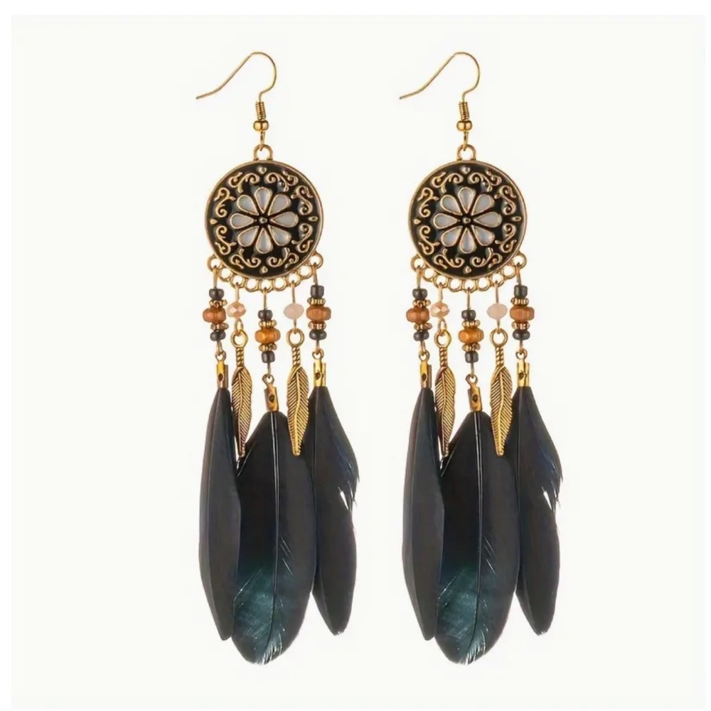 NEW! Stunning BoHo midnight, feather earrings